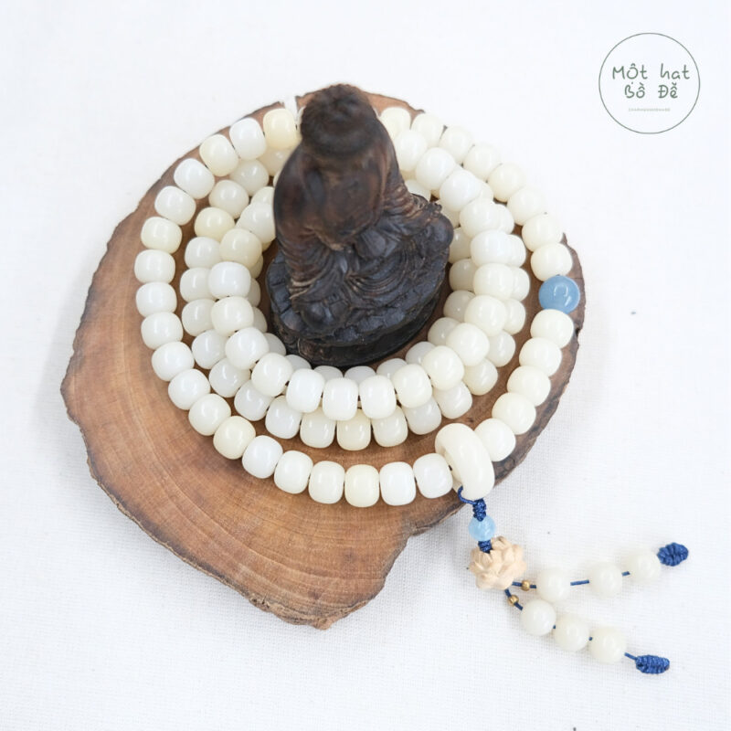 Chuỗi 108 hạt bồ đề trắng vuông phối hạt đá xanh dương nhẫn bồ đề hoa sen gỗ | Chồi Nhỏ | Chuỗi hạt niệm Phật bồ đề - Ảnh 2