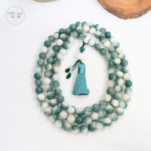 Chuỗi 108 hạt bồ đề xanh phối nhẫn và hoa sen bồ đề có tua rua | Hạt 12 ly | Chồi Nhỏ | Chuỗi hạt niệm Phật bồ đề