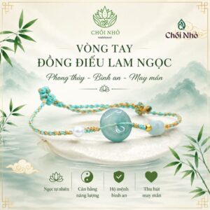 Vòng tay đồng điếu lam ngọc dây tết xanh | Chồi Nhỏ | Vòng tay, vòng chân chỉ ngũ sắc 3 viên Peridot