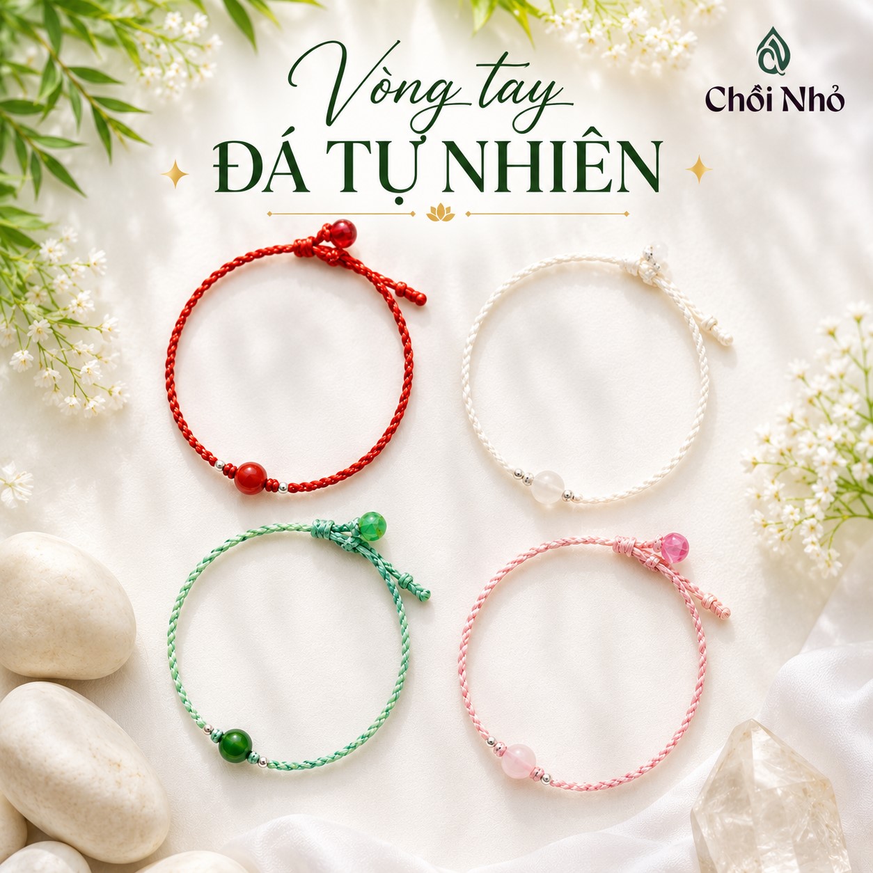 Vòng tay dây tết mix đá tự nhiên 6mm 1 Vòng tay dây tết mix đá tự nhiên 6mm