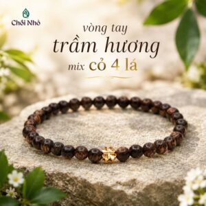 Vòng tay trầm hương 4 ly mix charm cỏ 4 lá bạc S925 mạ vàng- May mắn