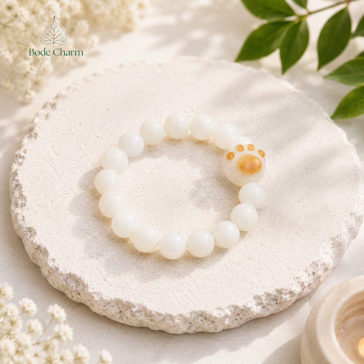 Vòng tay Bạch Ngọc Bồ Đề charm chân mèo cho bé 2 Vòng tay Bạch Ngọc Bồ Đề charm chân mèo cho bé - Ảnh 2