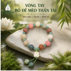 Vòng Tay Bồ Đề Khắc Sen Phối Ngọc Lục Bảo & Mèo Thần Tài May Mắn