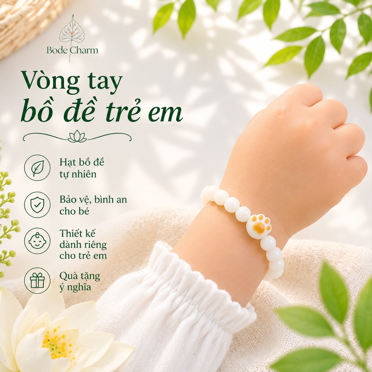Vòng tay Bạch Ngọc Bồ Đề charm chân mèo cho bé 1 Vòng tay Bạch Ngọc Bồ Đề charm chân mèo cho bé