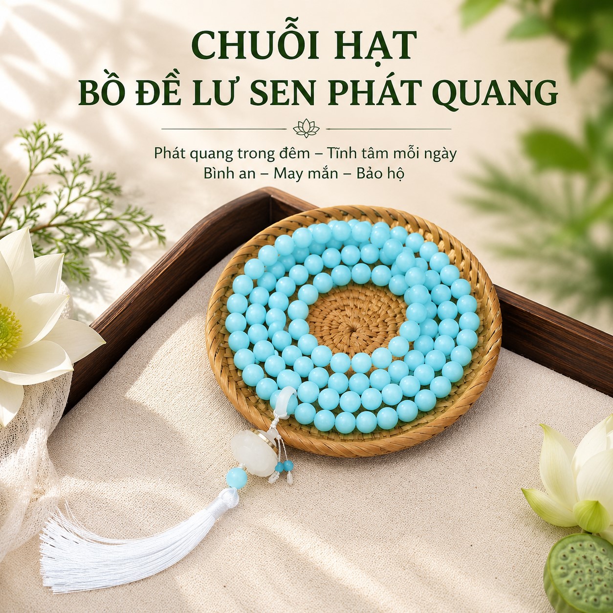 Chuỗi 108 Hạt Bồ Đề 12mm Màu Xanh Dương Mix Lư Sen Phát Quang 1 Chuỗi 108 Hạt Bồ Đề 12ly Mix Lư Sen Phát Quang