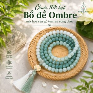 Chuỗi 108 Hạt Bồ Đề 8x10mm Ombre Xanh Mix Hoa Sen