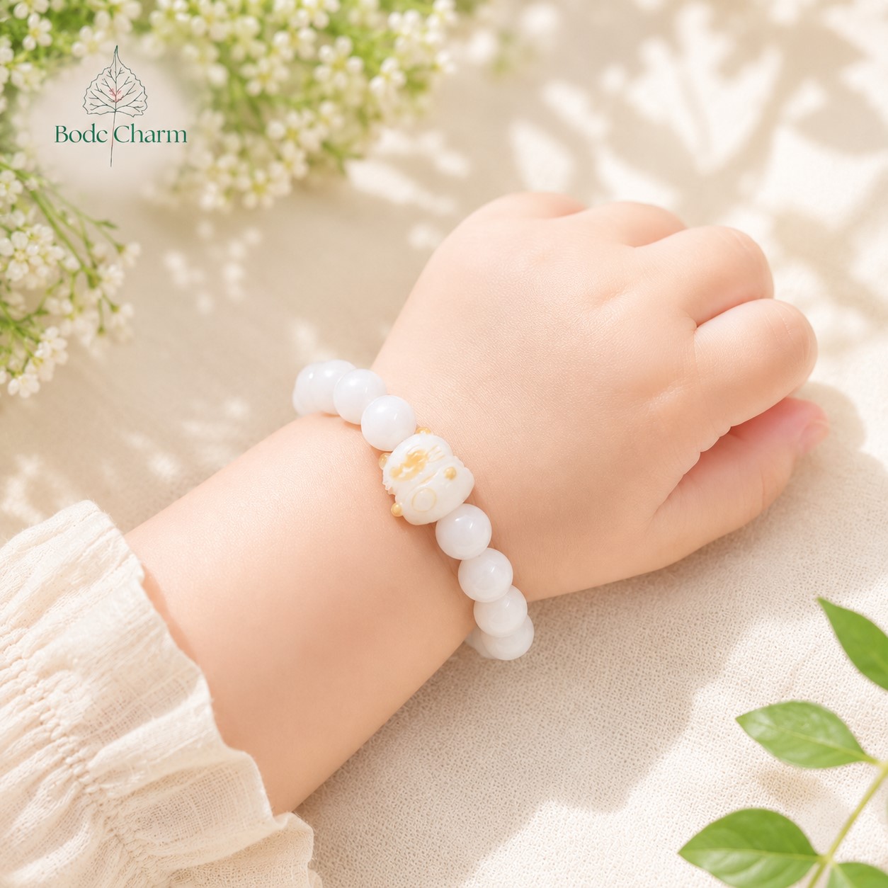 Vòng tay Bạch Ngọc Bồ Đề charm chân mèo cho bé 4 Vòng tay Bạch Ngọc Bồ Đề charm chân mèo cho bé - Ảnh 4