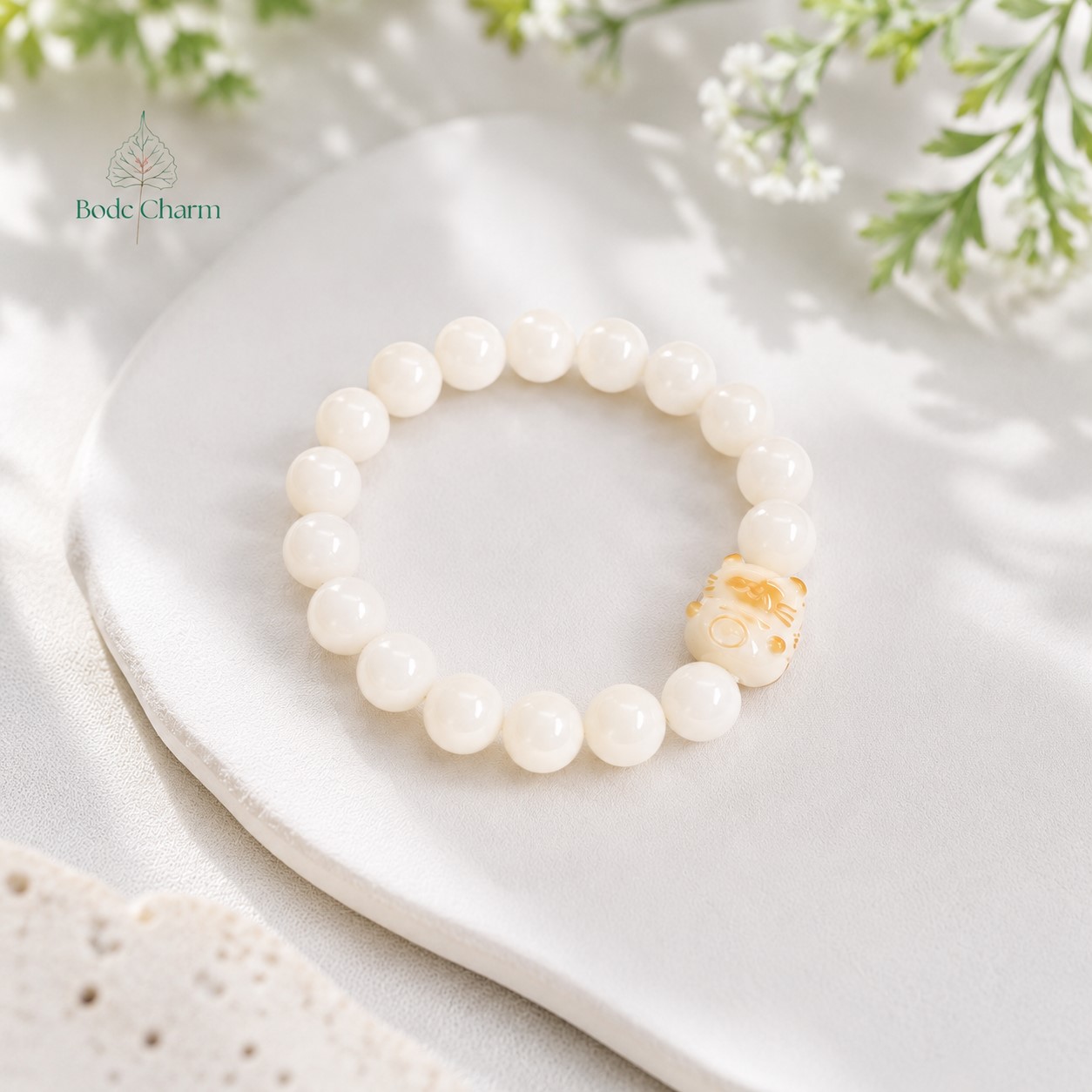Vòng tay Bạch Ngọc Bồ Đề charm chân mèo cho bé 3 Vòng tay Bạch Ngọc Bồ Đề charm chân mèo cho bé - Ảnh 3