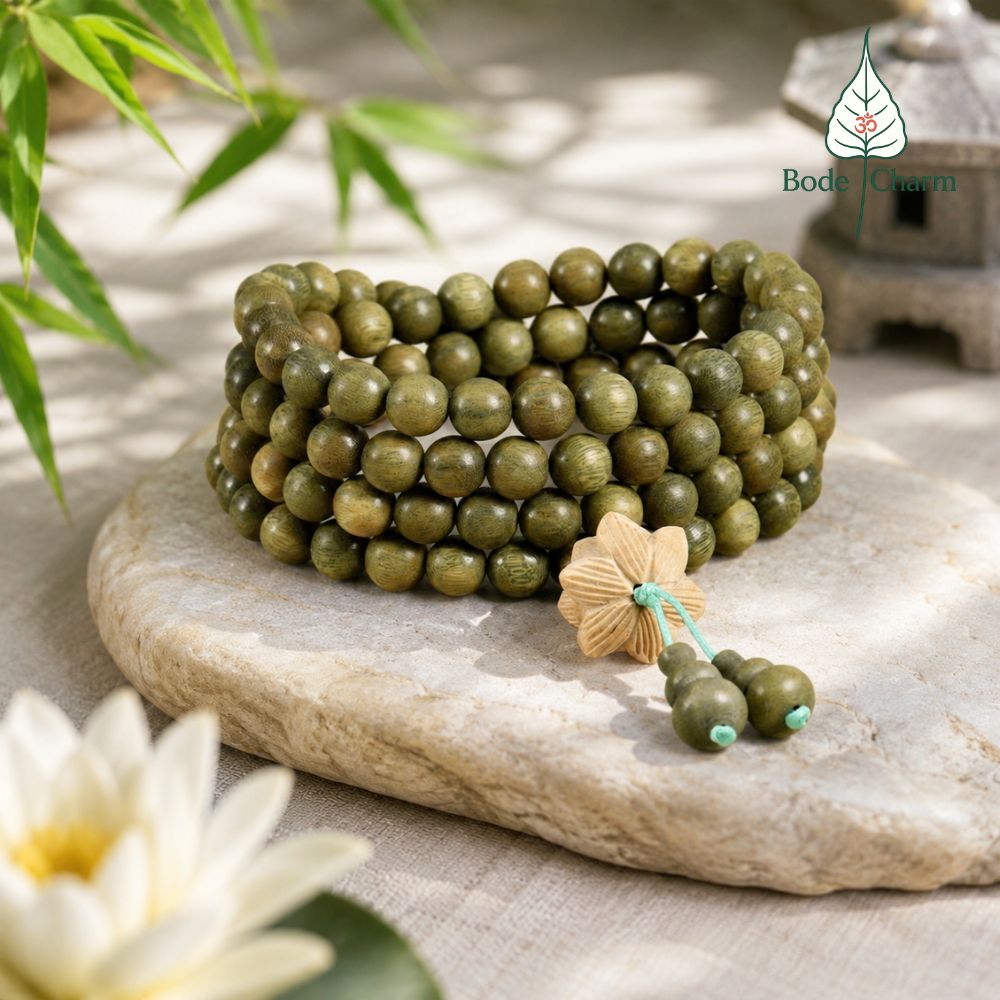 Chuỗi 108 Hạt Gỗ Đàn Hương Xanh Charm Sen Gỗ Bình An 1 Chuỗi 108 Hạt Gỗ Đàn Hương Xanh Charm Sen Gỗ Bình An