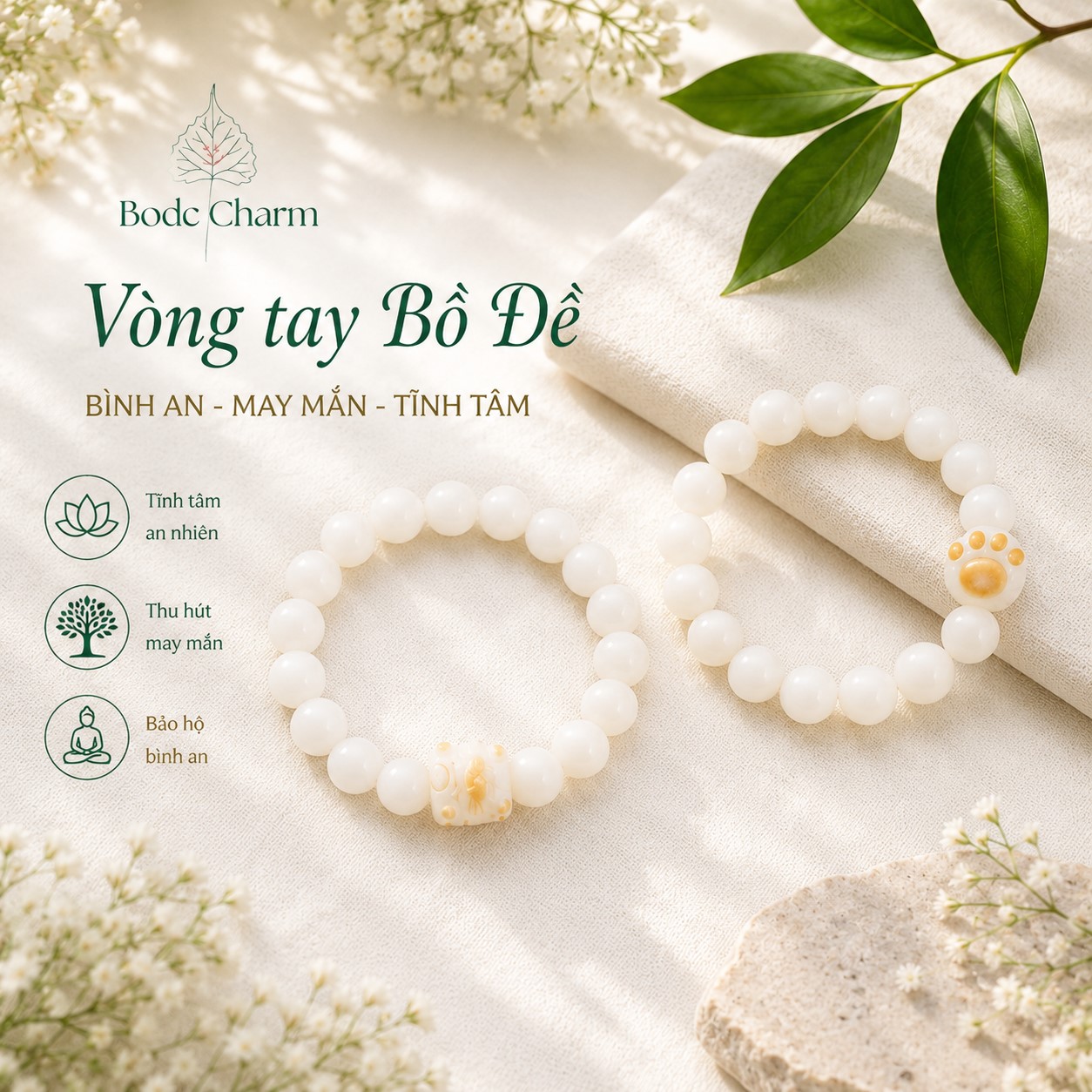 Vòng tay phong thủy Bạch Ngọc Bồ Đề mix mèo may mắn 1 Vòng tay phong thủy Bạch Ngọc Bồ Đề mix mèo may mắn