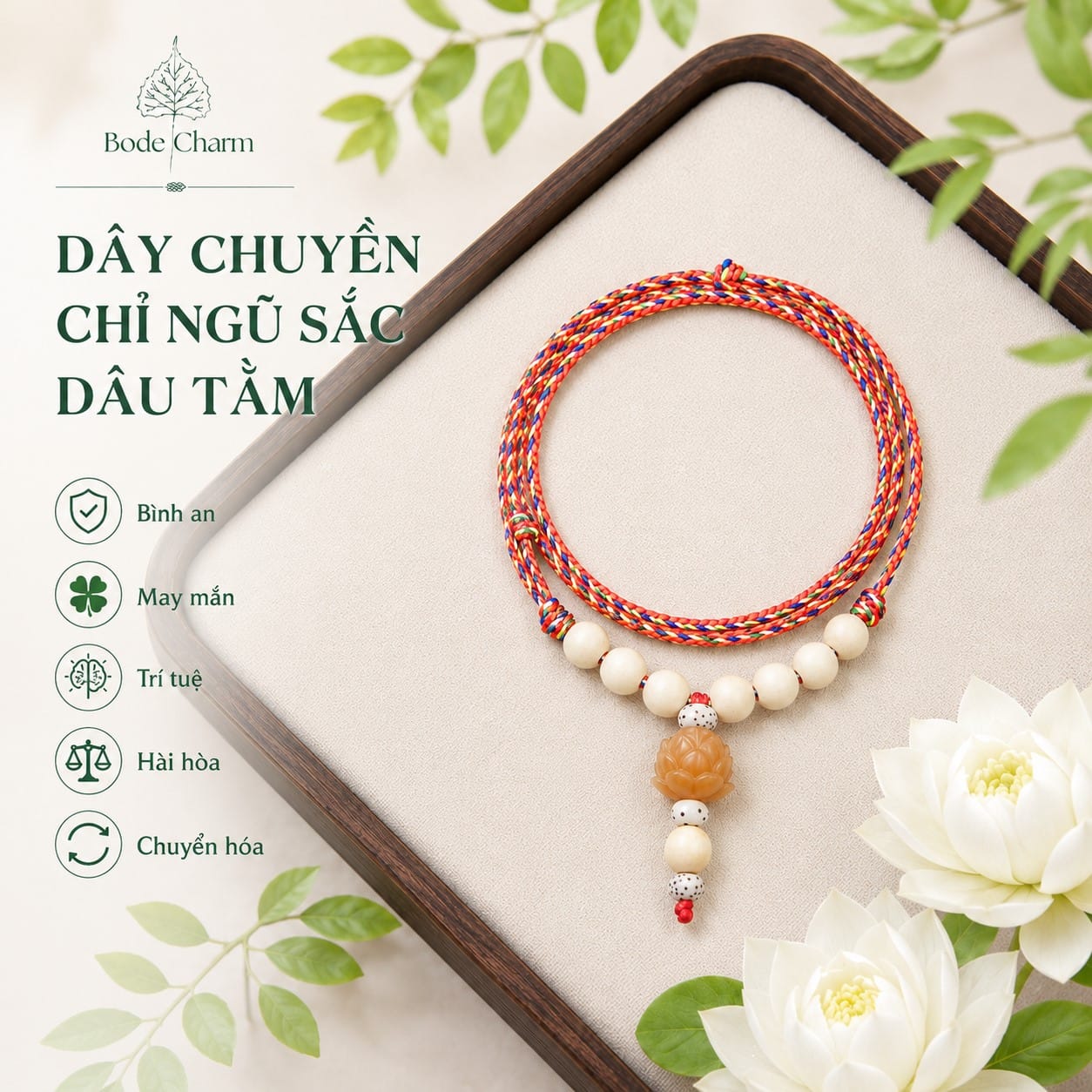Dây chuyền chỉ ngũ sắc dâu tằm charm Phật và sen Bồ Đề 1 Dây chuyền chỉ ngũ sắc dâu tằm charm Phật và sen Bồ Đề